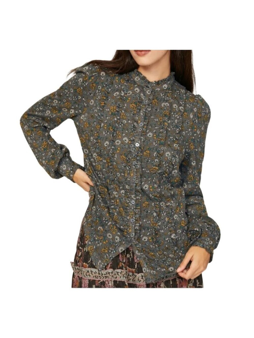 Boden Floral Ruffle Trim Jersey Button-Down Shirt US 10 (UK 14 / EU 42)